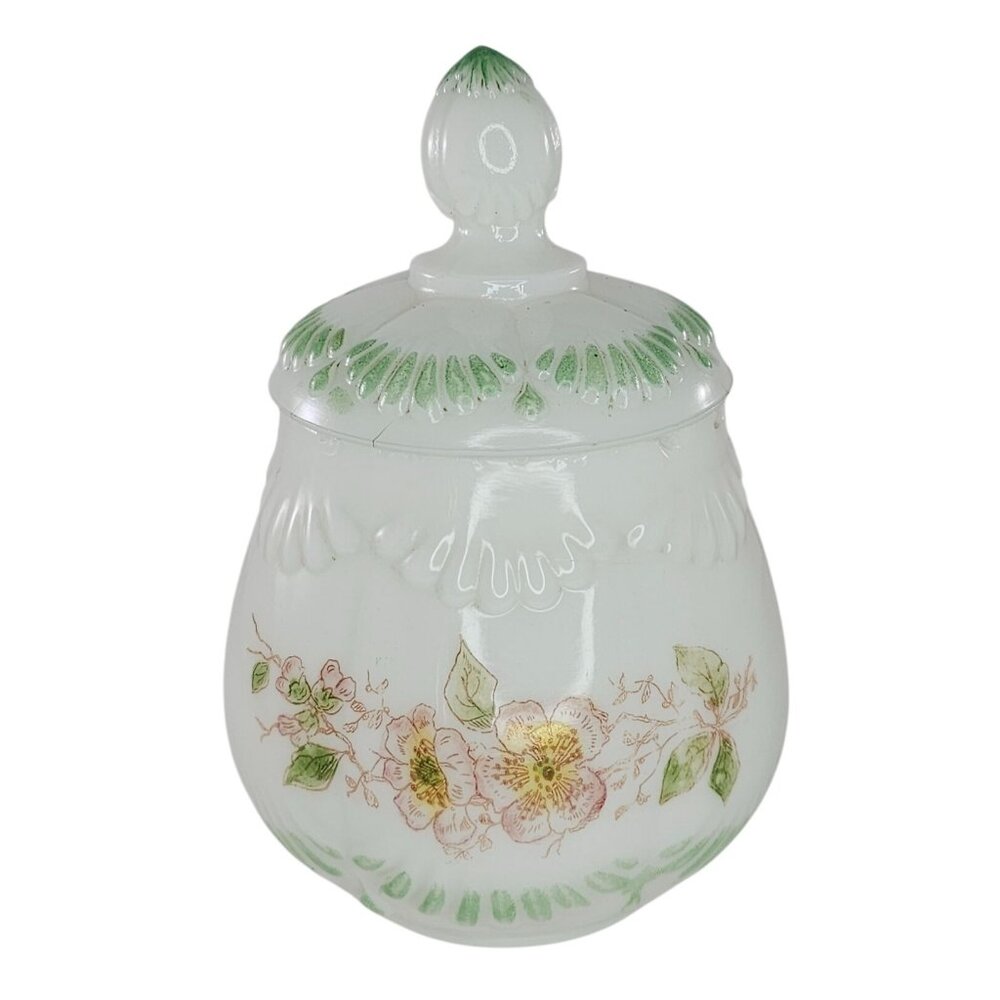 Victorian Milk Glass Sugar Bowl Lidded Jar Floral Design Green Dithridge AS IS